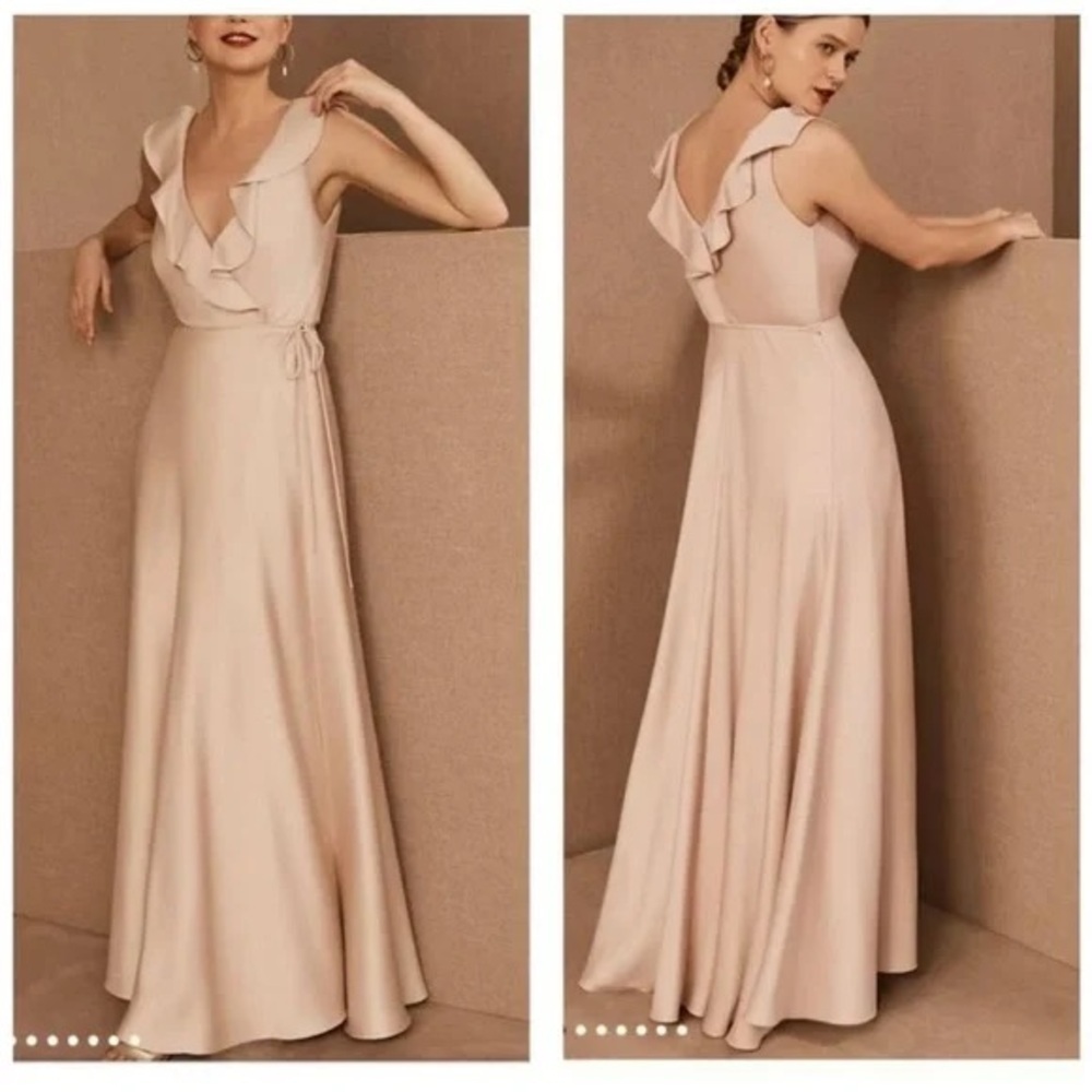 BHLDN Anthropologie Nude Pink Tansy Satin Charmeuse Ruffle Maxi Dress